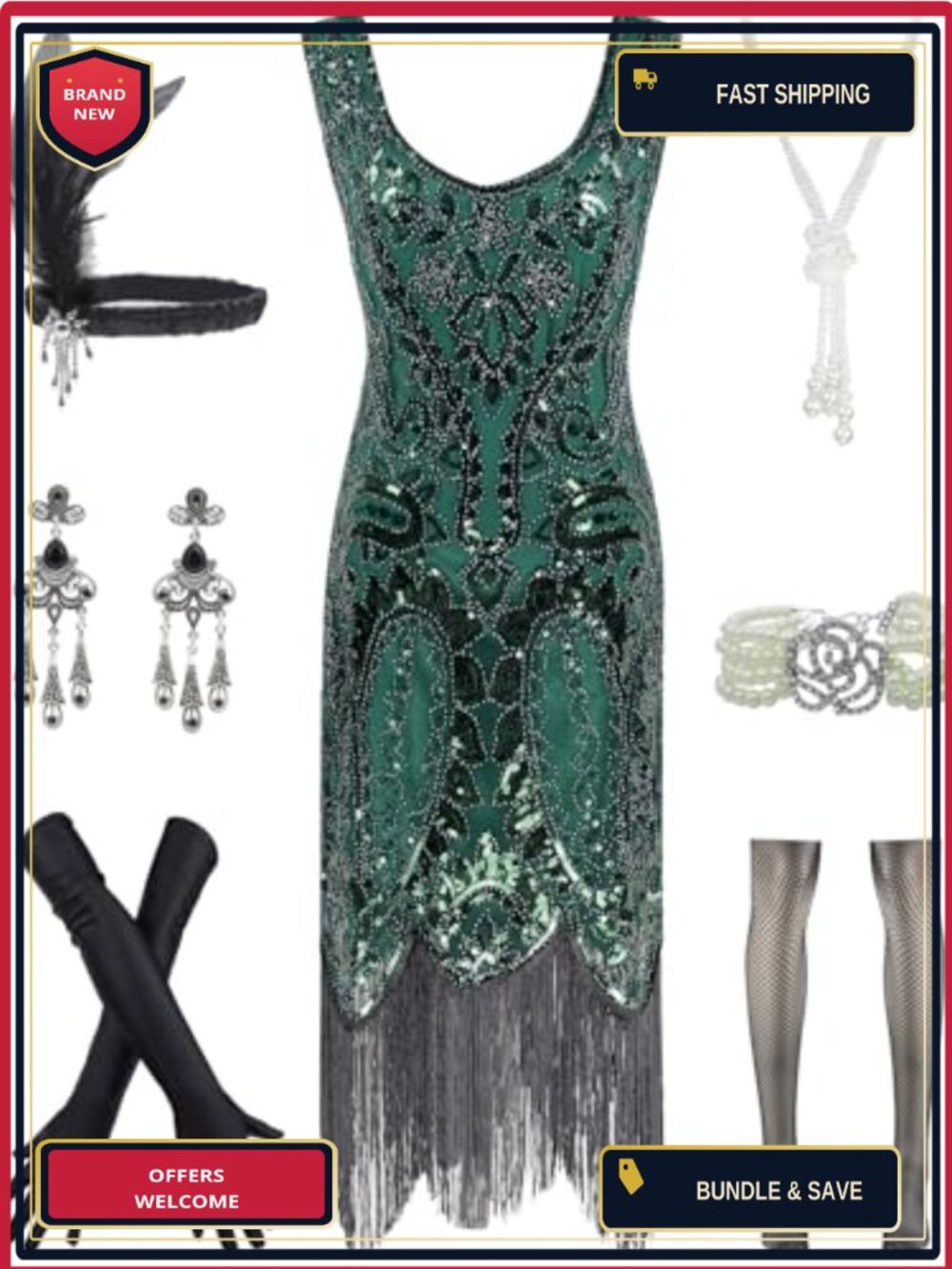 Women's 1920s Sequins Flapper Gatsby Cocktail Dress with Accessories